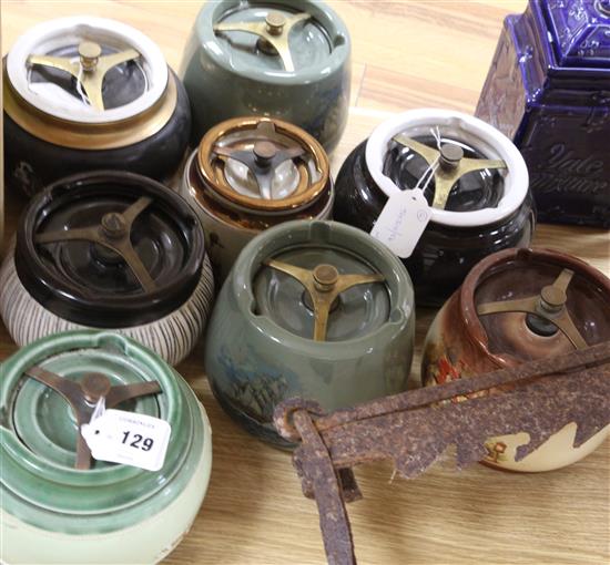 A Houses of Parliament Stone tobacco jar, a blue Yale Mixture jar and ten other tobacco jars, various (12)